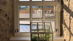 A room with a large window, a glass table with a plant, and a view of a parking area.