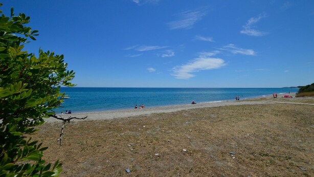 A beach with clear skies, calm water, and sparse vegetation. - Cozy apartment in Moriani Plage (Moriani Plage)