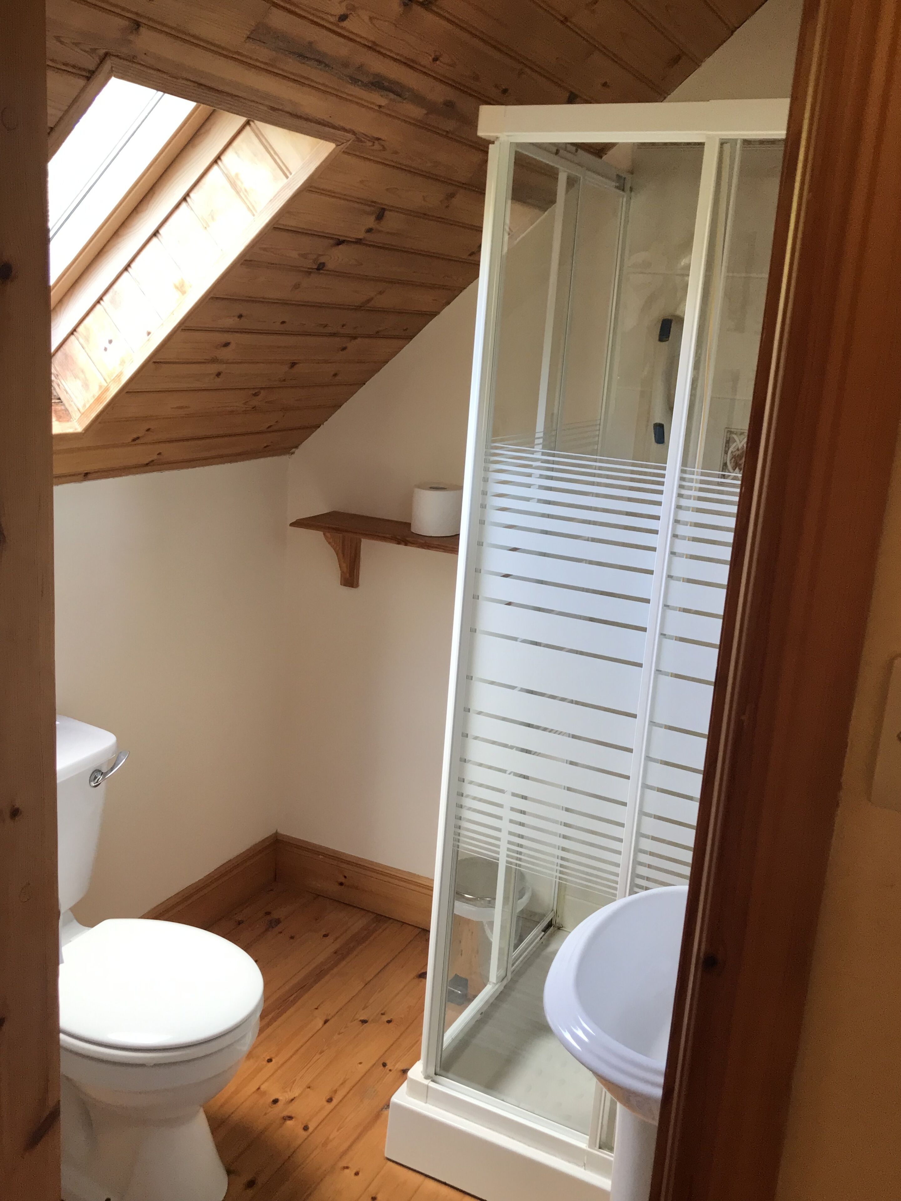 A small, wooden-paneled bathroom with a skylight, a toilet, and a glass-enclosed shower.