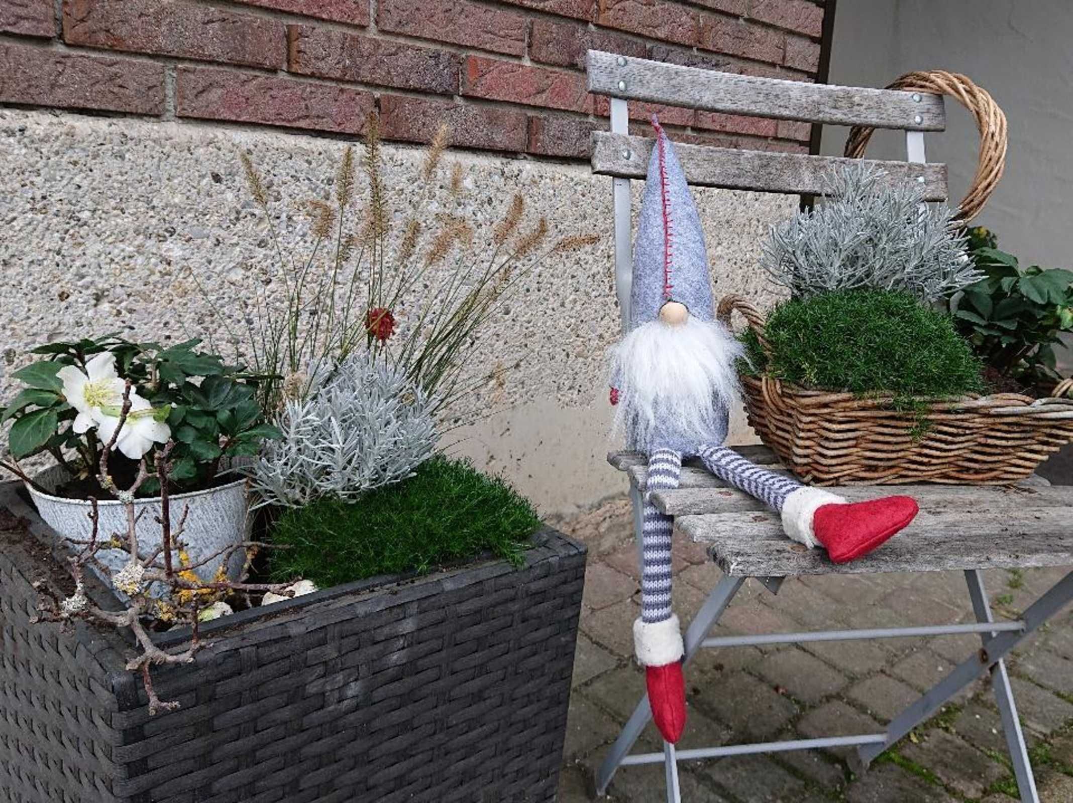 Eine Gartenzwerg-Statue auf einer Holzbank mit einem Korb voller Grünpflanzen daneben.