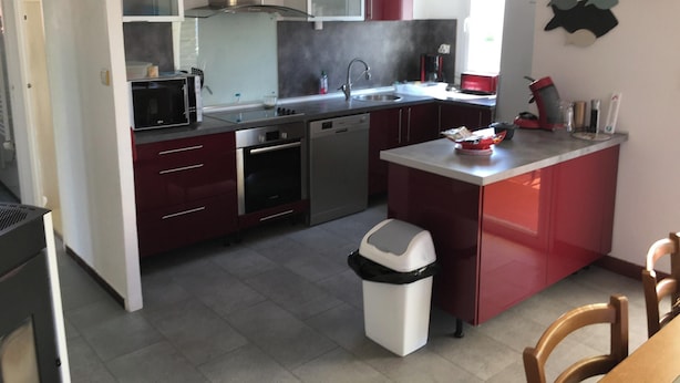 Een moderne keuken met roestvrijstalen apparatuur, een vaatwasser en een rode accentmuur.