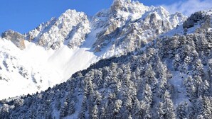 A snow-covered mountain landscape with rocky peaks and dense forests.