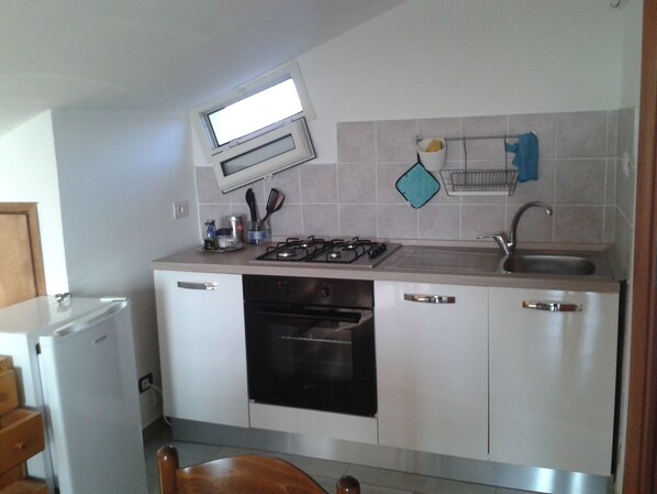 Fridge, oven, stovetop, cookware/dishes/utensils