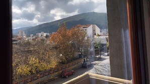 Vista desde una ventana con vista a una calle con edificios, un árbol y una montaña al fondo.