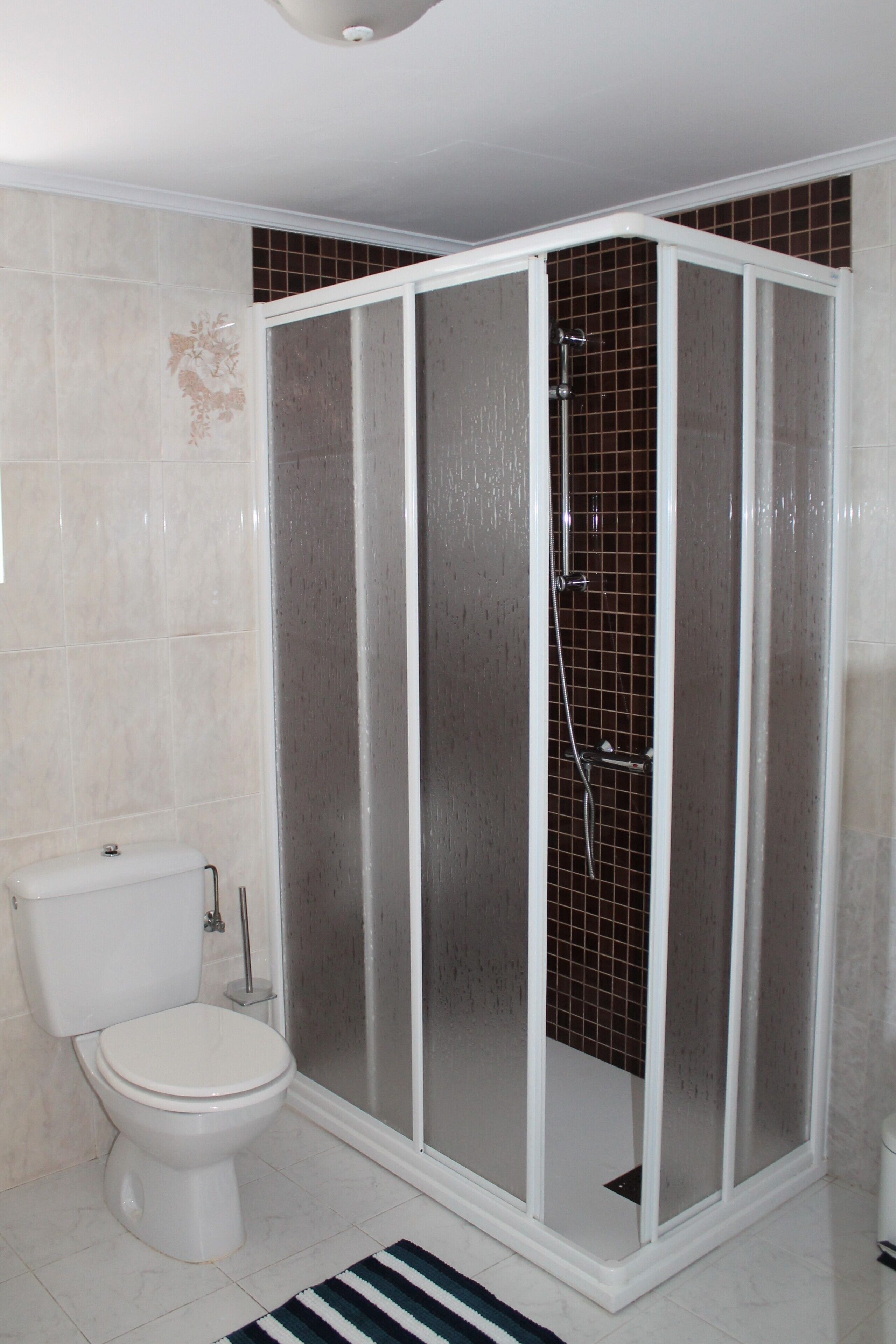 Casa de banho com sanita branca, cabine de duche com portas de vidro jateado e chão em mosaico.