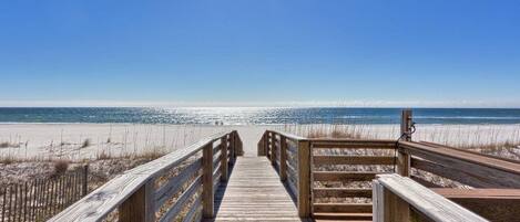 On the beach, sun loungers