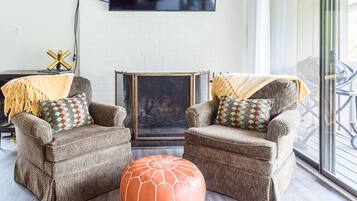 TV, fireplace, books