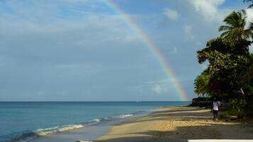 On the beach, sun loungers, beach towels