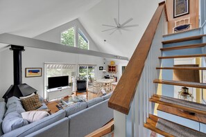 Smart TV, fireplace, DVD player, books