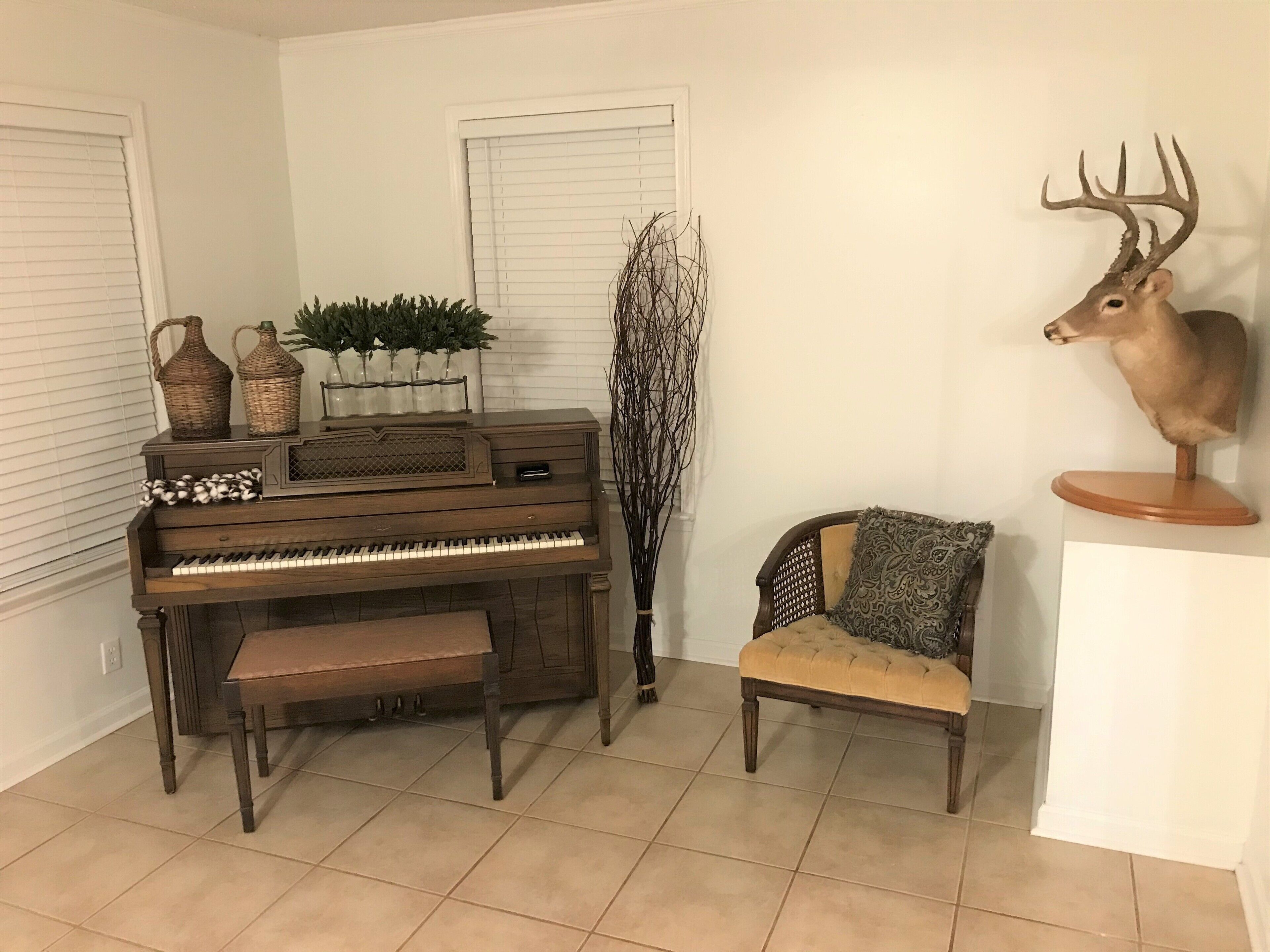 A room with a piano, a chair, and a mounted deer head.