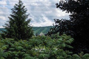 Une vue d’une maison entourée d’une végétation luxuriante, avec des collines en arrière-plan.