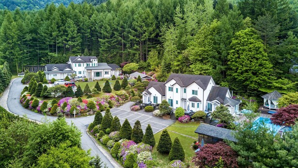 A residential area with multiple houses, a swimming pool, and a well-maintained garden. - Greenhill Pension (Pyeongchang)