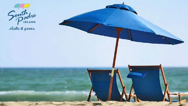 A beach scene with two blue beach chairs and a blue umbrella. - Simple & Comfortable just like Home - mins walk to Beach - Max 2 Adults + 2 Kids (South Padre Island)