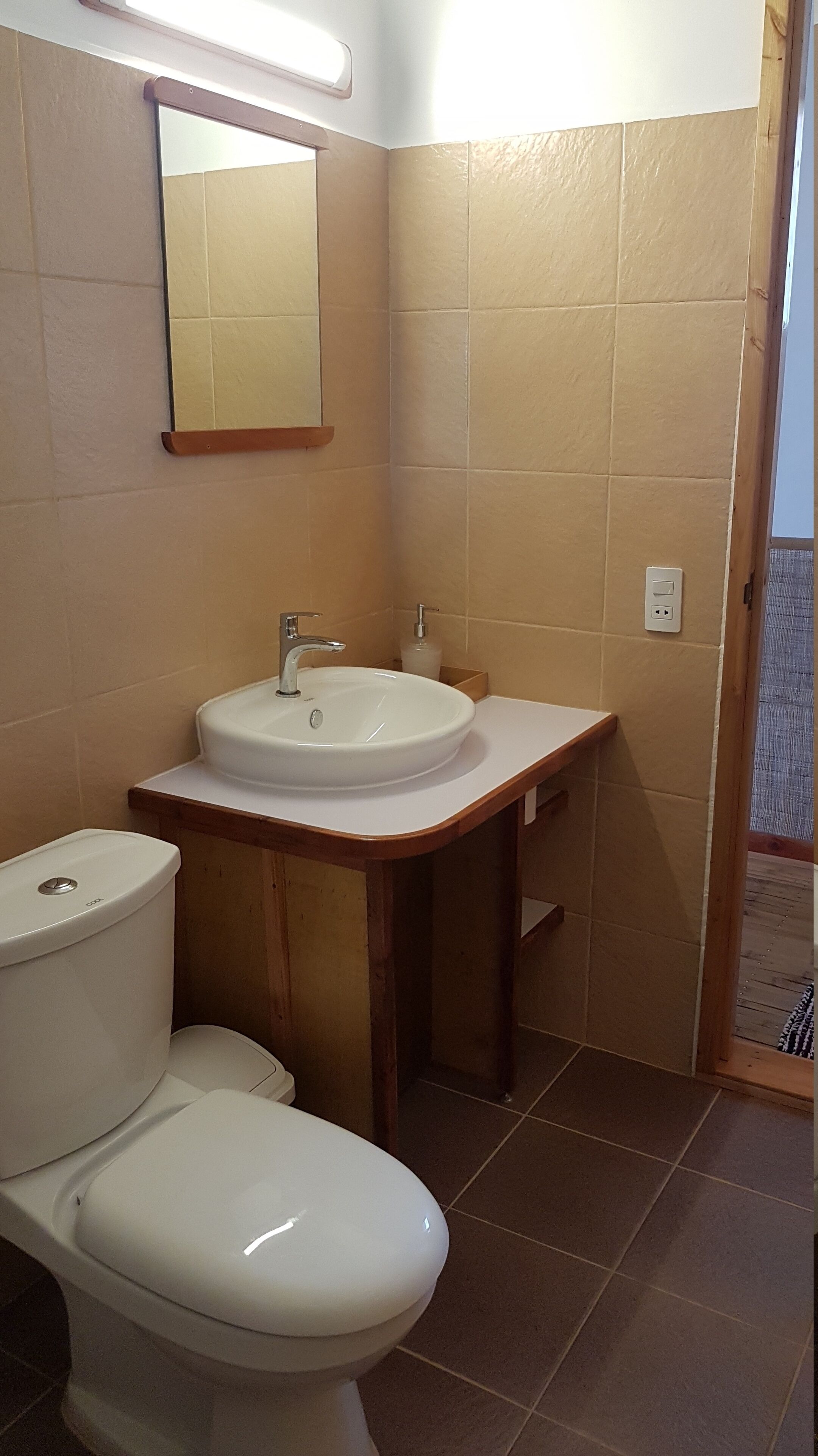 A bathroom with a toilet, sink, and mirror.
