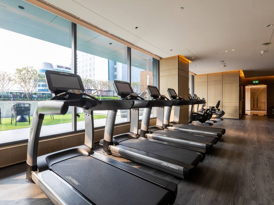 Una hilera de cintas de correr con pantallas digitales, suelo de madera y grandes ventanales con vistas a un paisaje urbano.