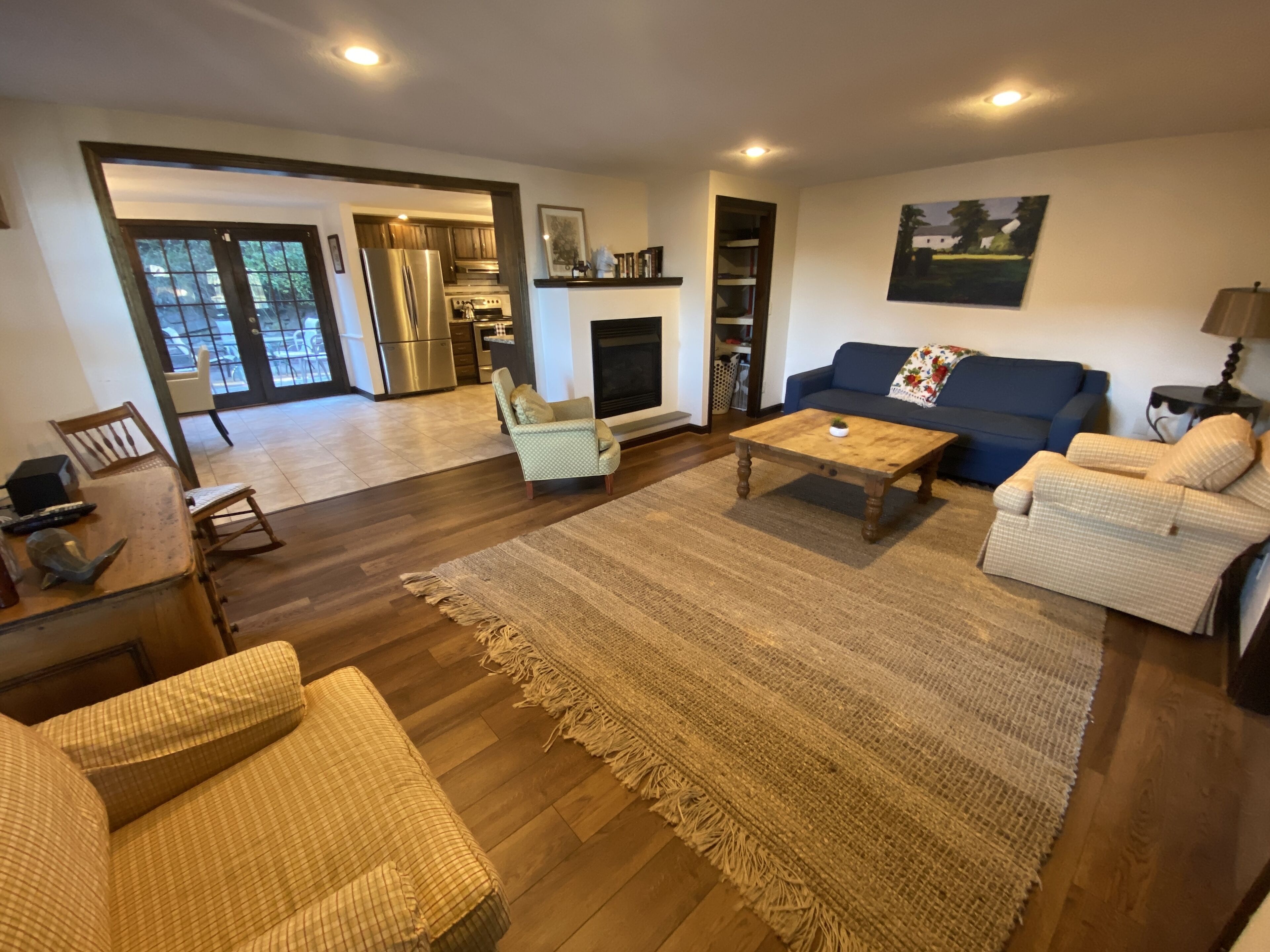 Smart TV, fireplace, books