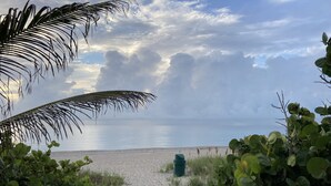 A beach path leading to the ocean, surrounded by greenery and a wooden fence. -  Beach getaway 1 bdrm, private patio! STEPS TO BEACH! Summer Sale! (Boca Raton)