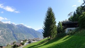 Un pueblo en una ladera con casas tradicionales, un árbol alto destacado y montañas al fondo.