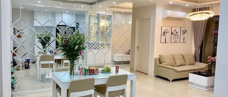 Family Apartment | Desk, blackout drapes, soundproofing, iron/ironing board