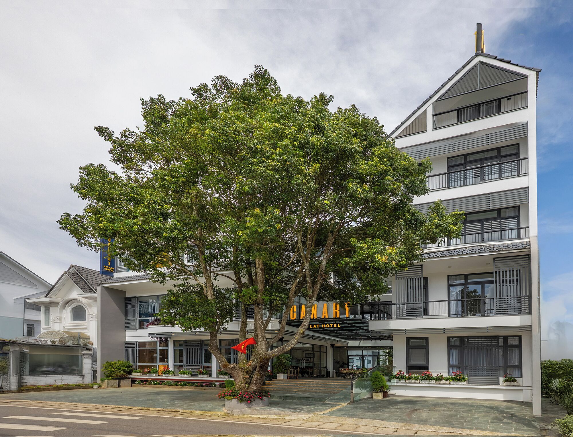 Un hotel moderno con un gran árbol en primer plano, varios balcones y un cielo despejado.