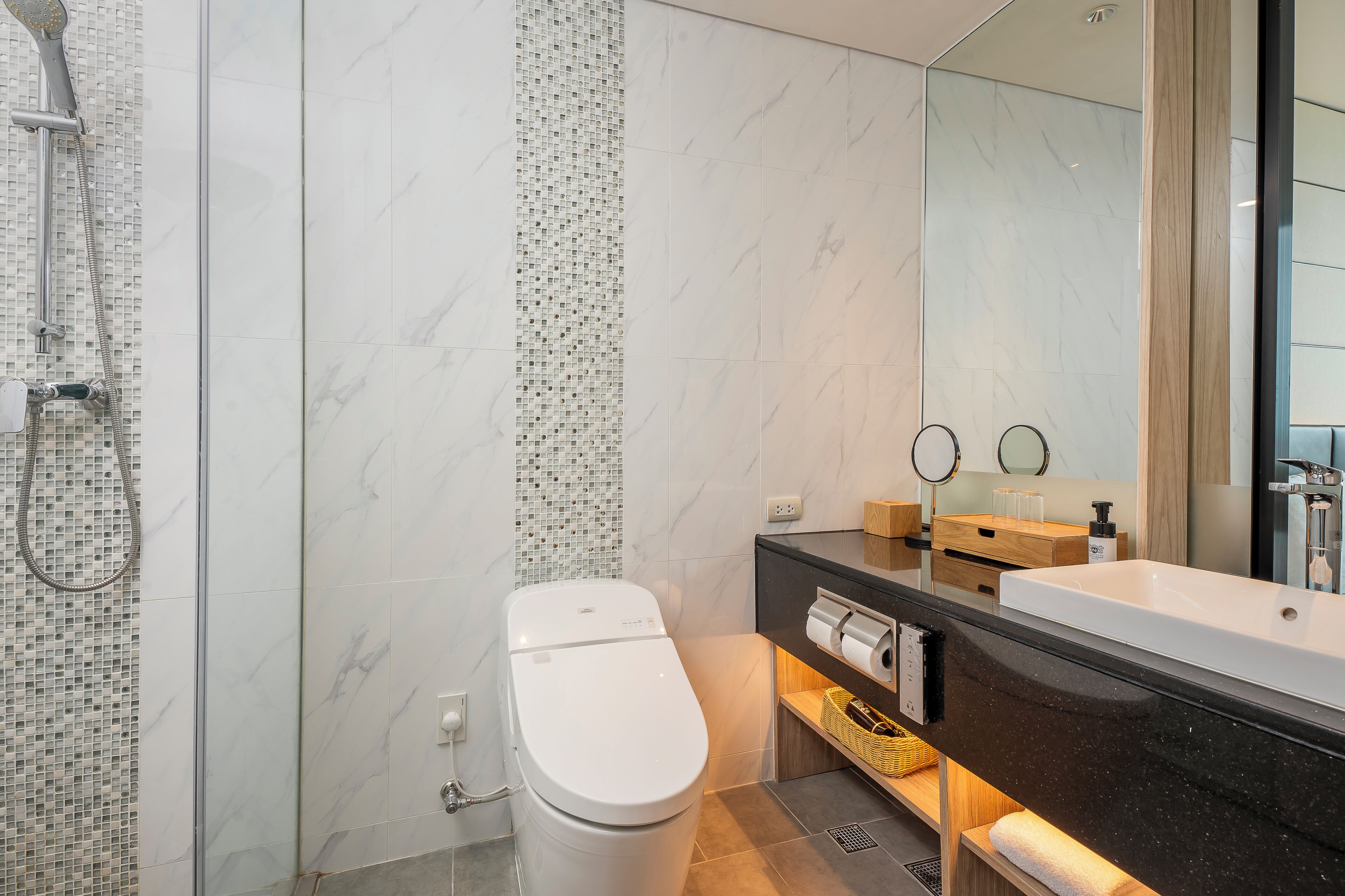 free toiletries, hair dryer, slippers, bidet