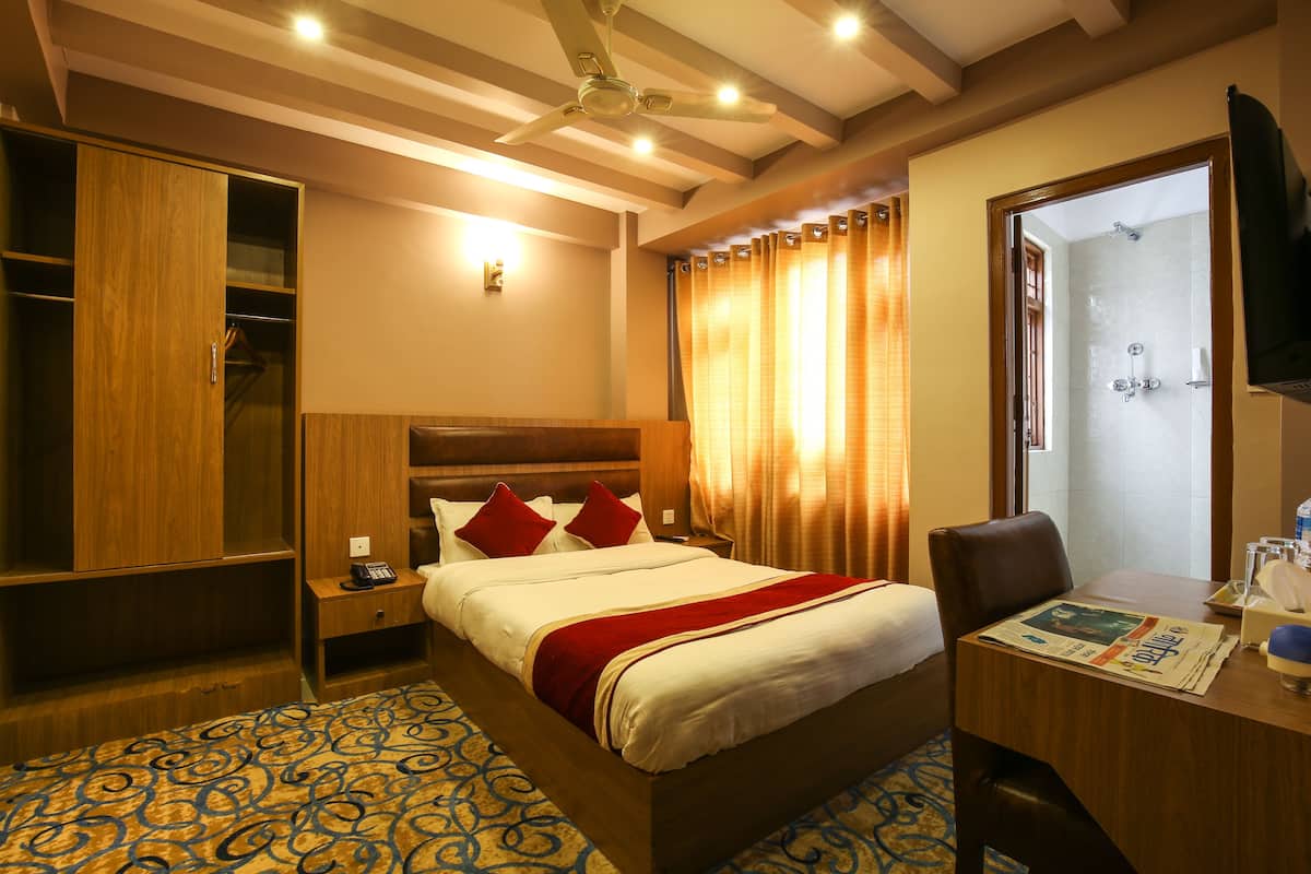 A hotel room with a bed, a desk, a wardrobe, and a shower area.