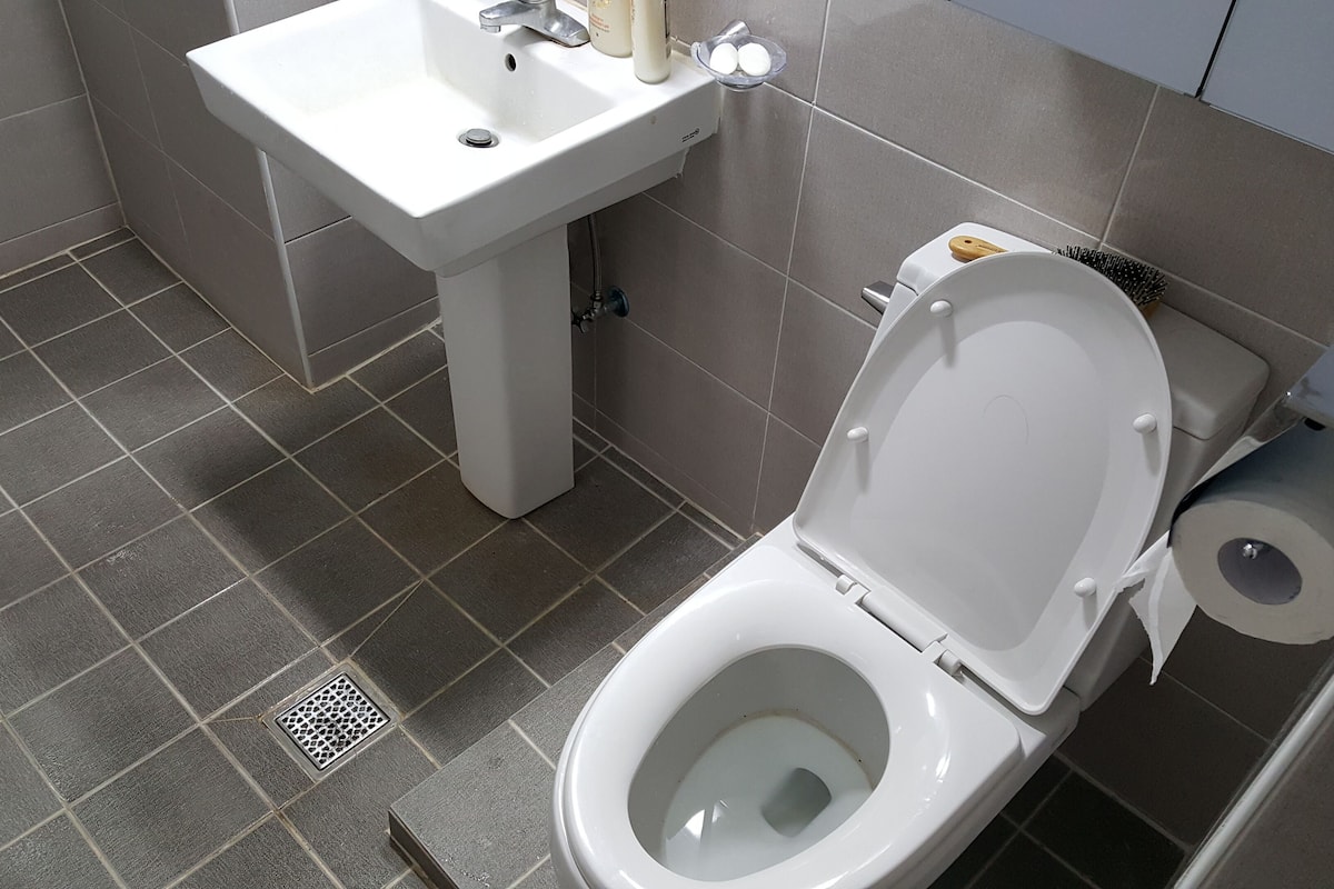 Ein modernes Badezimmer mit einem weißen Waschbecken, einer Toilette und einer Toilettenbürste.