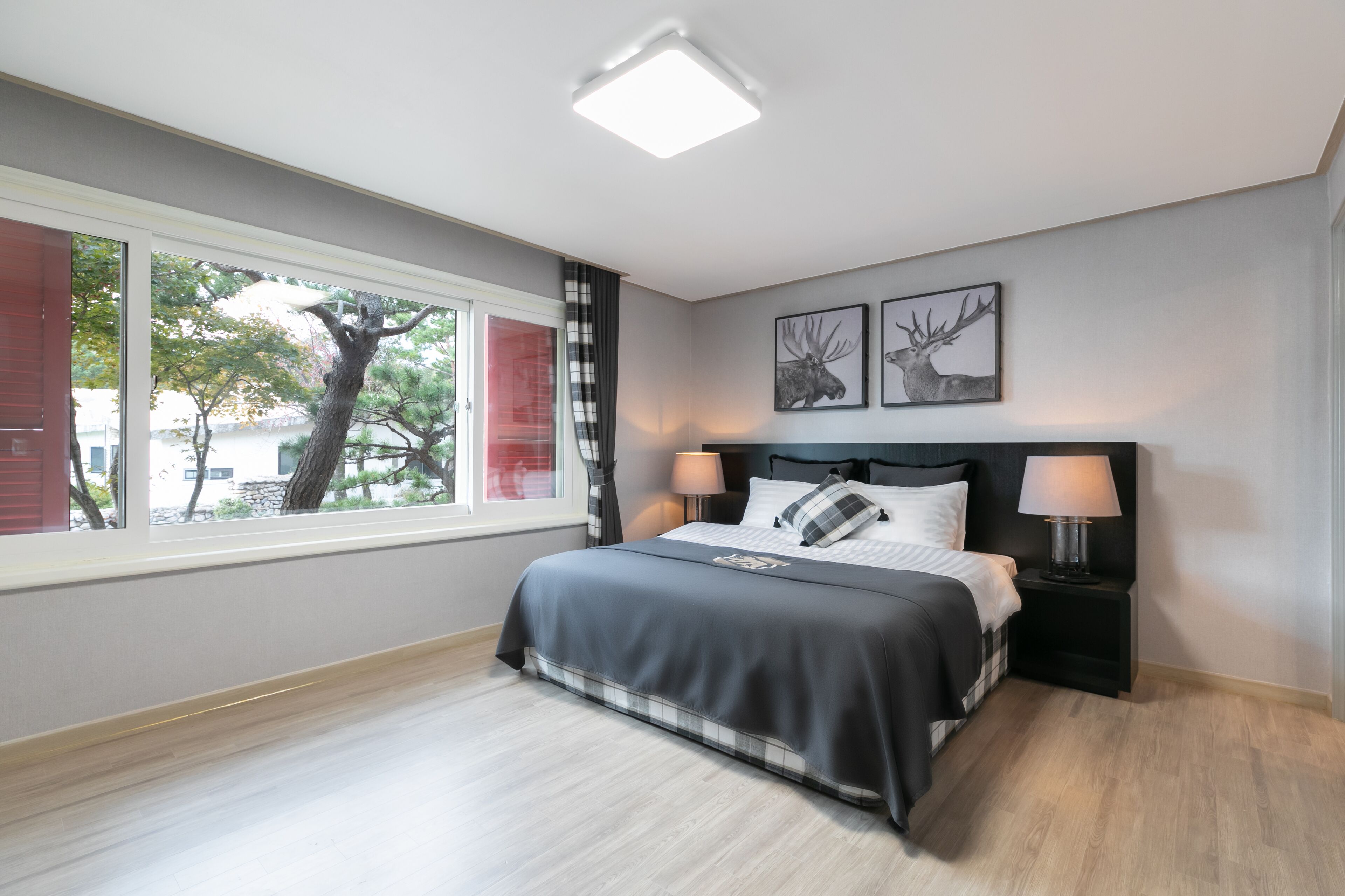 A modern bedroom with a large window, a bed with a black and white checkered bedspread, two wall-mounted lamps, and two framed deer pictures.