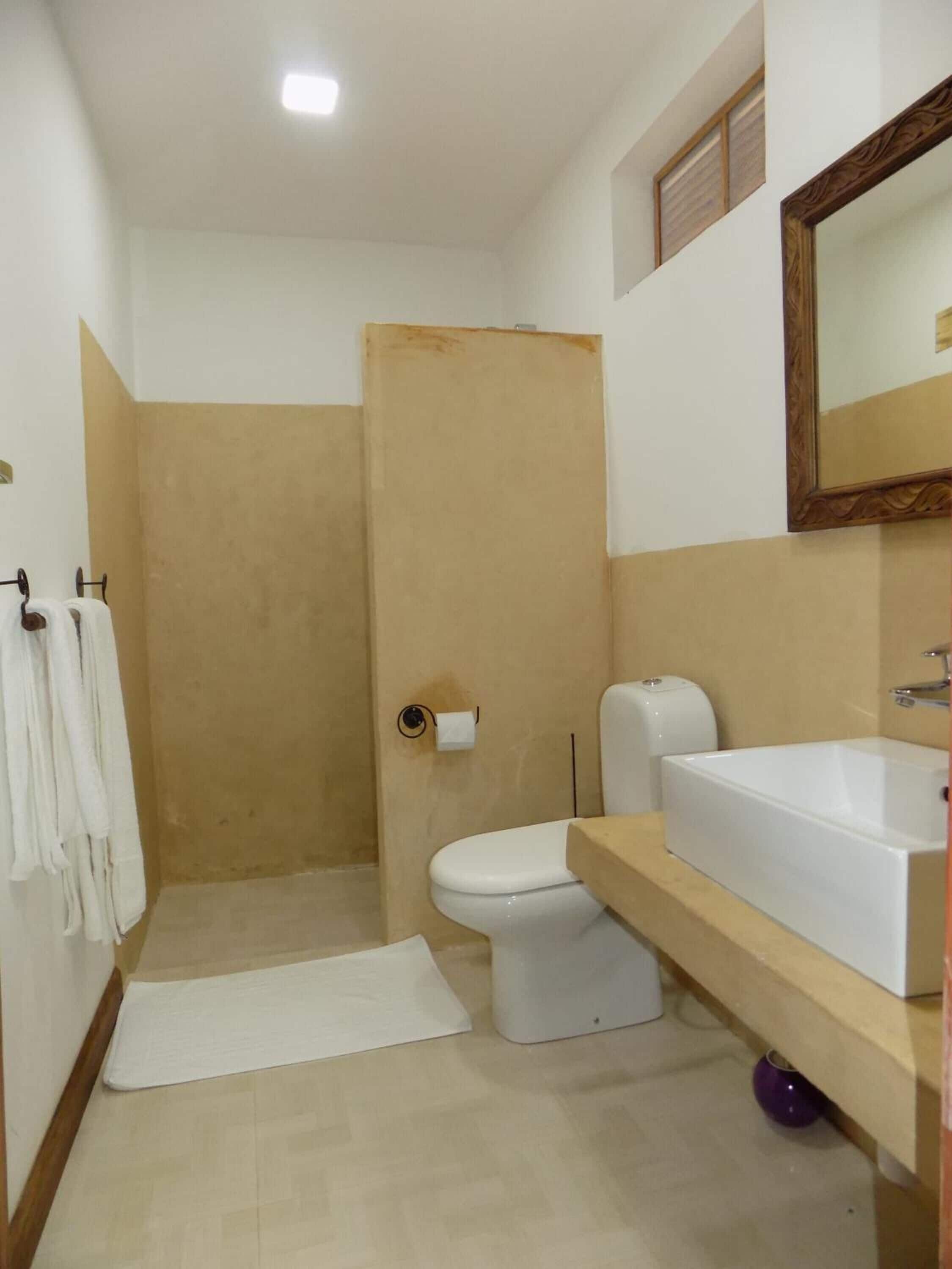 shower, free toiletries, hair dryer, towels