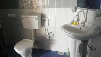 Un baño con inodoro, lavabo y soporte para papel higiénico.