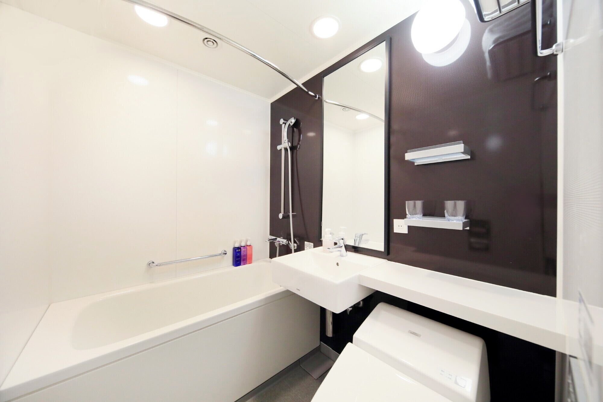 combined shower/bathtub, hair dryer, slippers, bidet