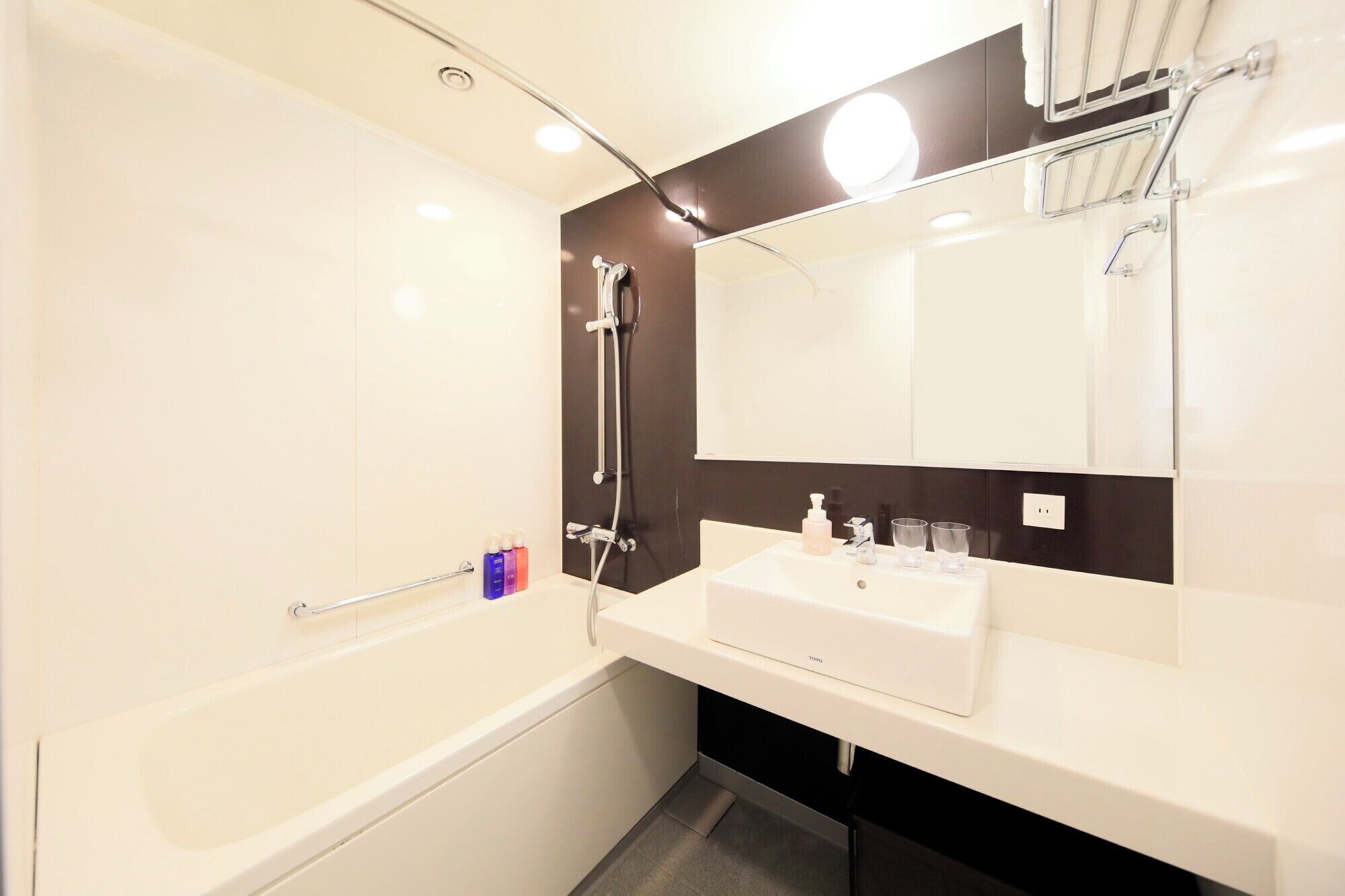 combined shower/bathtub, hair dryer, slippers, bidet