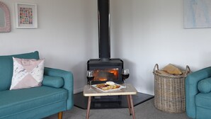Een woonkamer met een zwart houtkachel, smaragdgroene banken en een kleine tafel met hapjes en wijnglazen.
