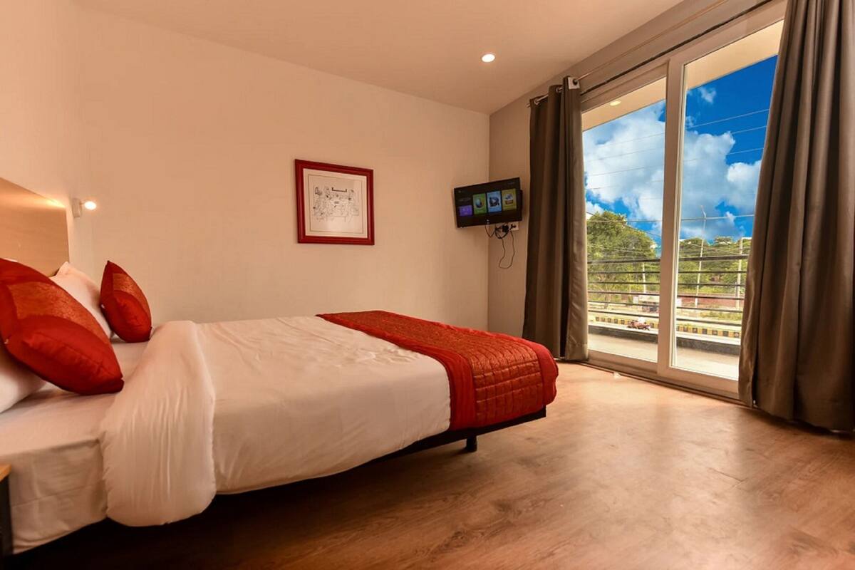 Habitación de hotel con cama, televisión, un cuadro en la pared y balcón con vistas.