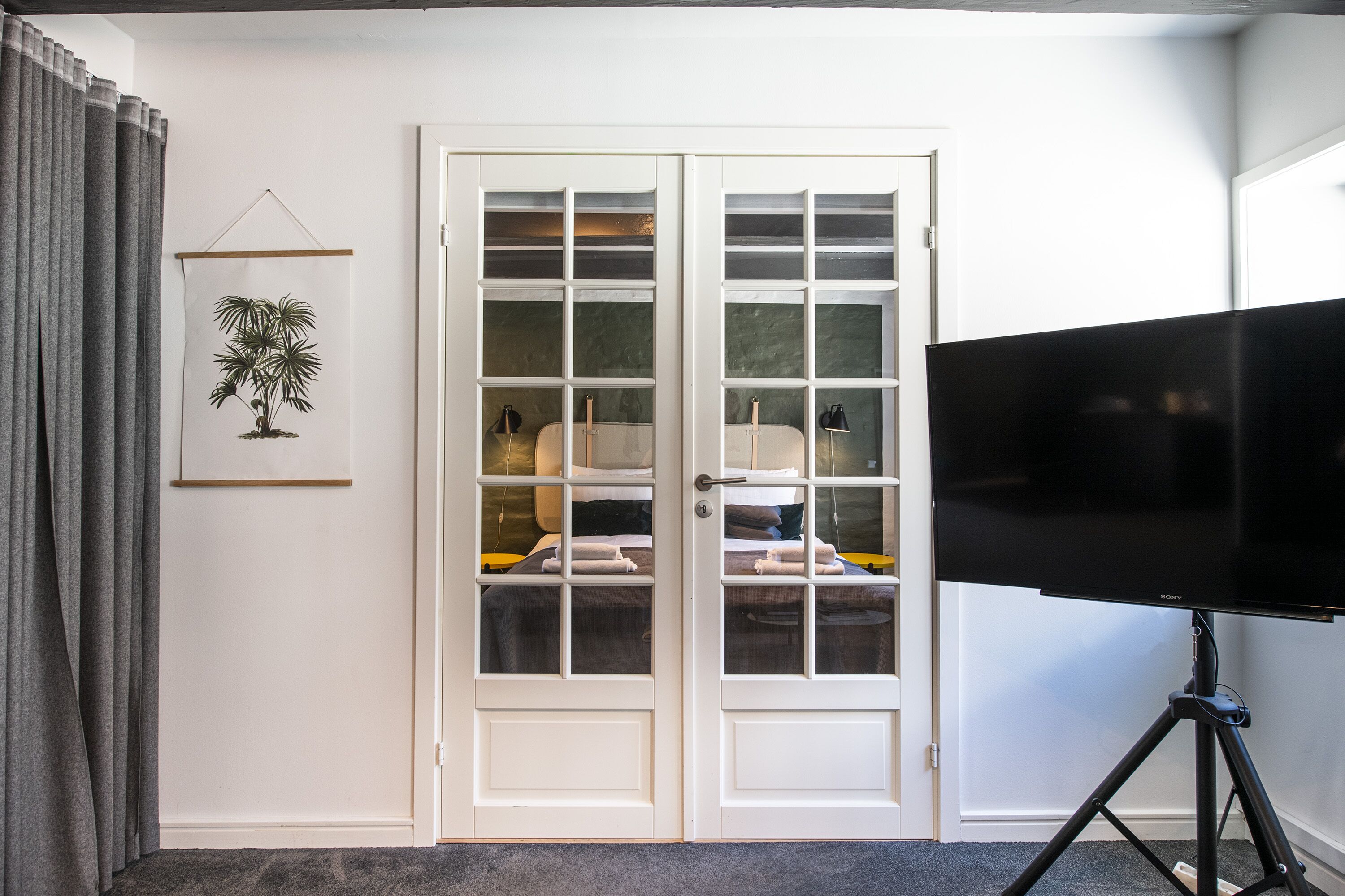 A room with a large flat-screen TV on a tripod stand, a white door with glass panels, and a framed picture of a plant on the wall.