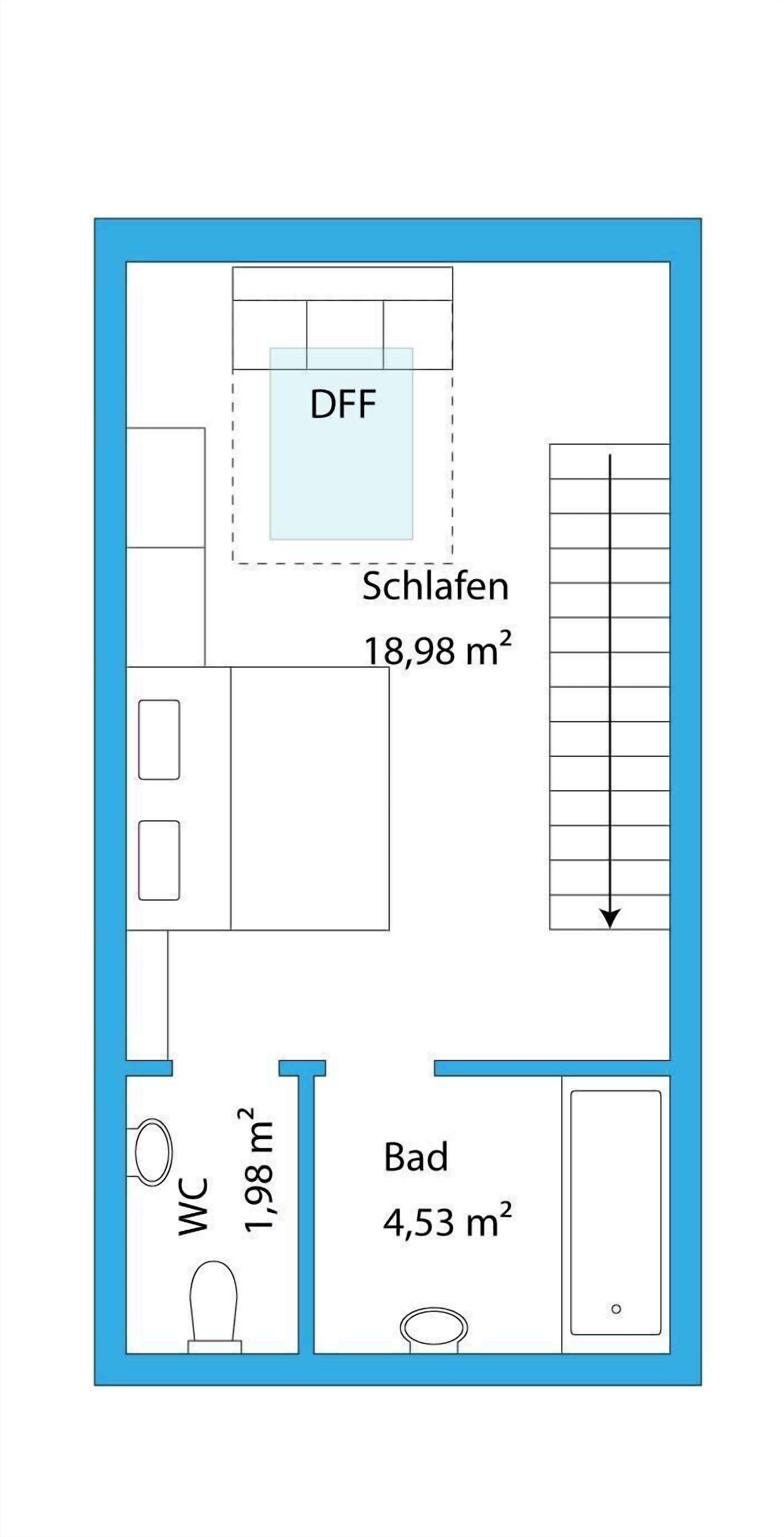 Grundriss mit einem DFF-Raum, einer Toilette und einem Badezimmer, insgesamt 24,51 m².