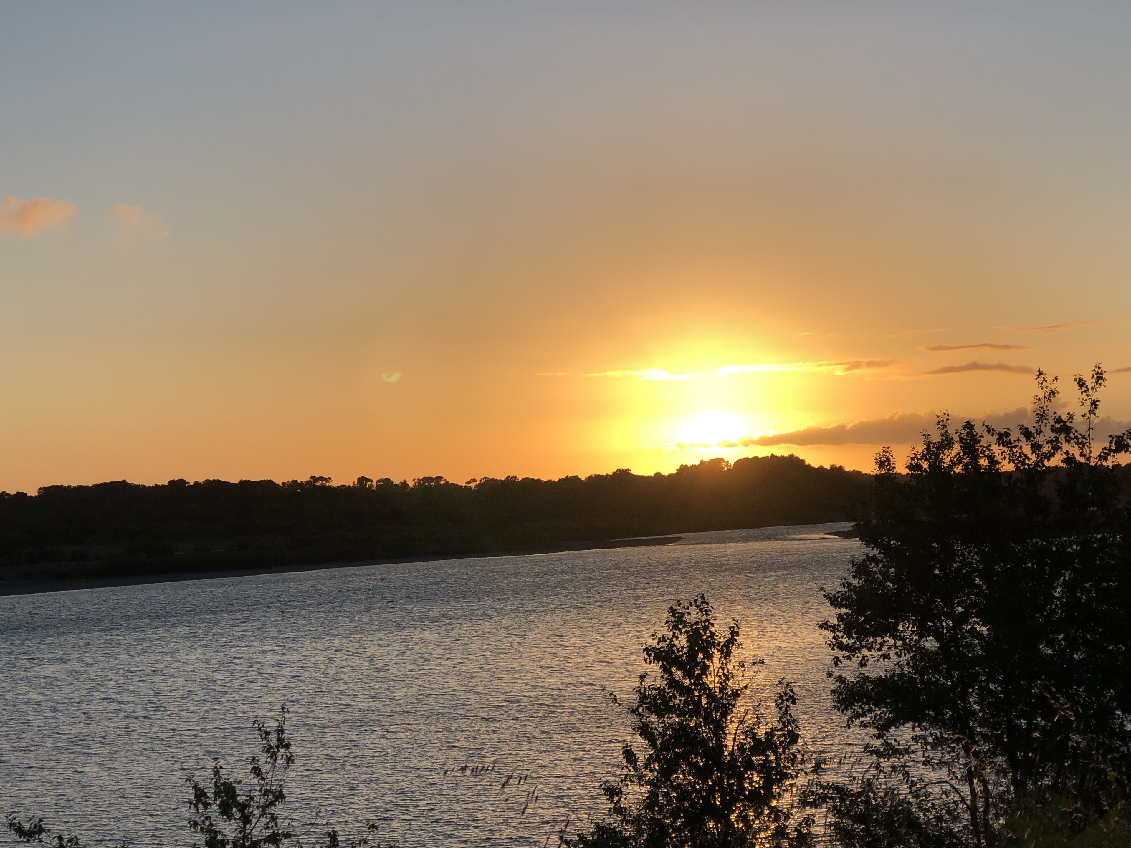 Ein Fluss bei Sonnenuntergang, Bäume silhouettiert am Himmel.