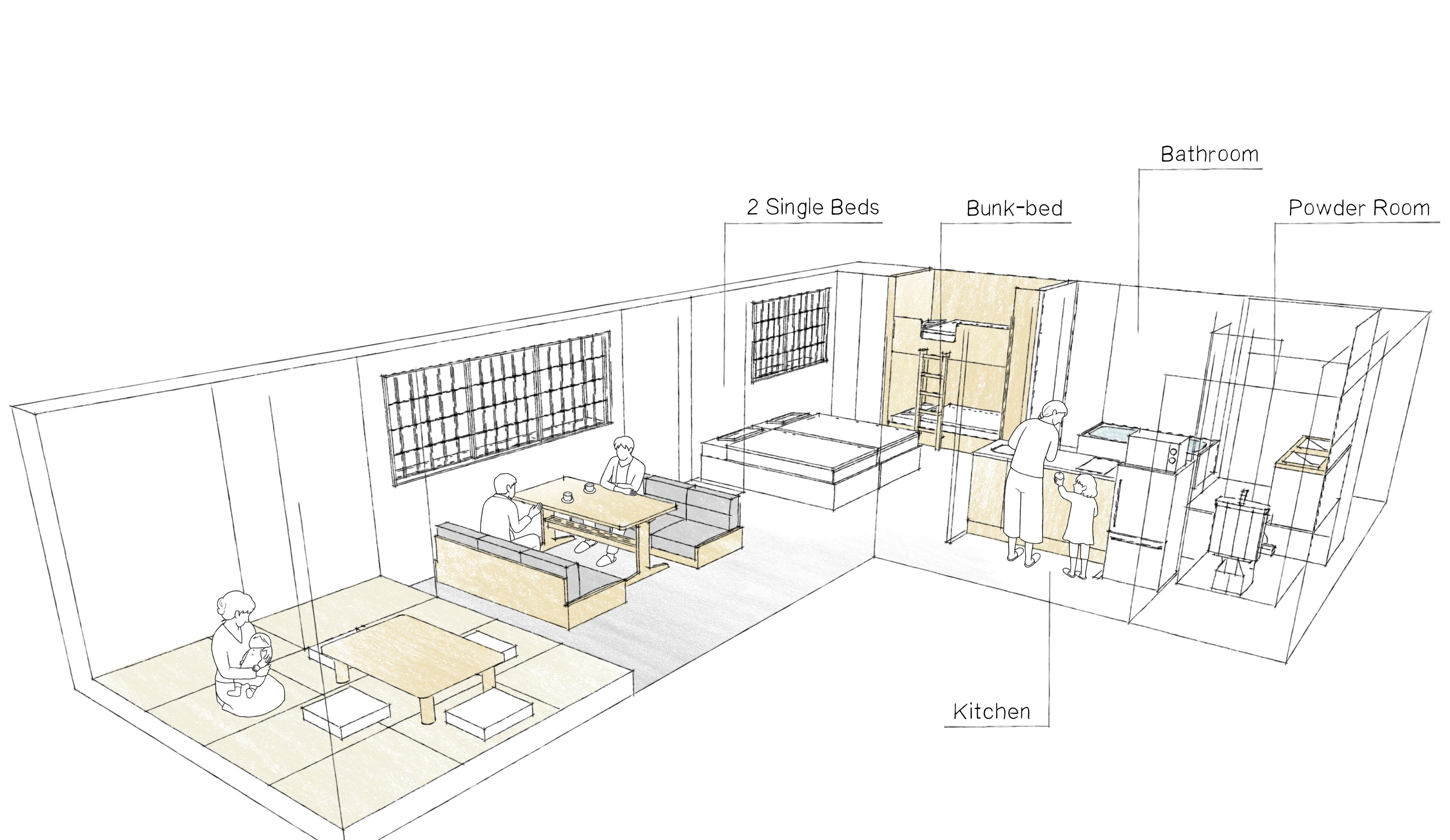 A 3D architectural rendering of a hotel room with a kitchen, two single beds, a bunk bed, a powder room, and a bathroom.