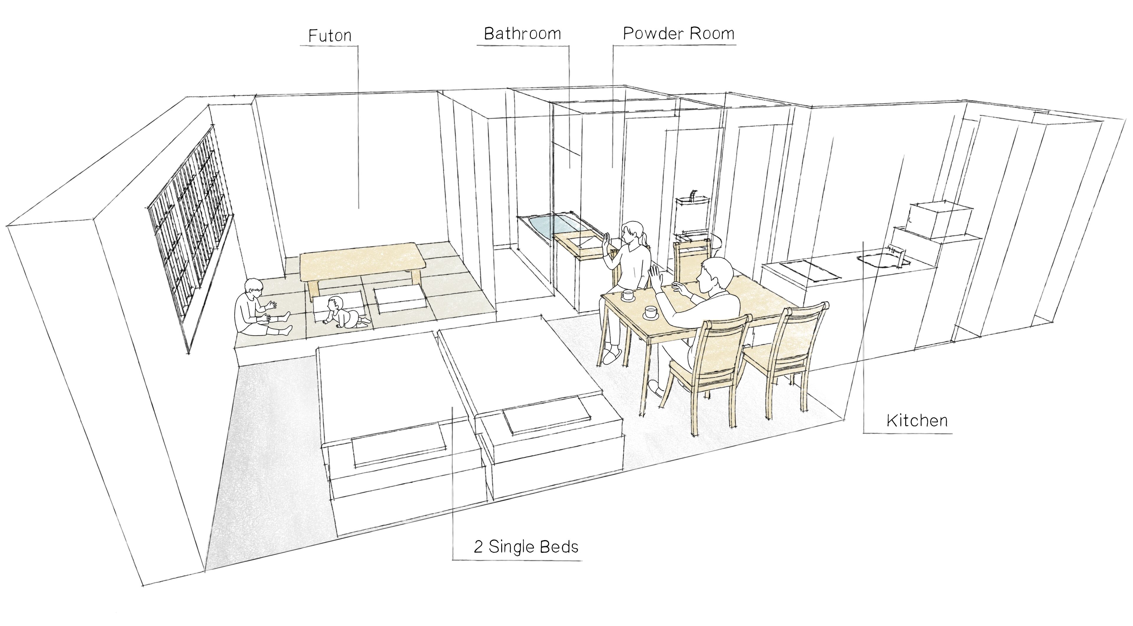Plano arquitectónico en 3D de una habitación de hotel con futón, baño, aseo, kitchenette y dos camas individuales.