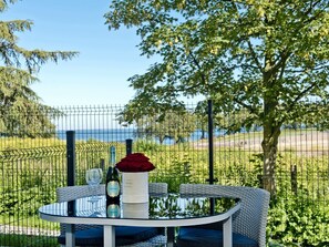 A round table with a bottle of wine, a glass, and a vase with a red rose, set against a scenic backdrop of a lake and trees, enclosed by a wire fence. - BlueApart Apartamenty Nexo (Puck)