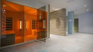 Experience a sophisticated retreat with a spacious room, shelving, and a contemporary shower area.