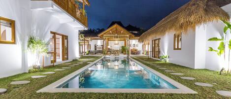 Outdoor pool, sun loungers