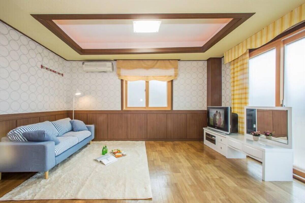 Un salon avec un canapé, un téléviseur, une fenêtre avec des rideaux et un plancher en bois.