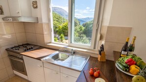 Cocina moderna con estufa a gas, pileta de acero inoxidable y encimera de madera. Una ventana ofrece vistas a un paisaje montañoso.