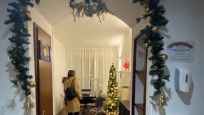 A hallway with a Christmas tree, a person in a coat, and a sign on the wall. - Mapi's rooms (Cagliari)