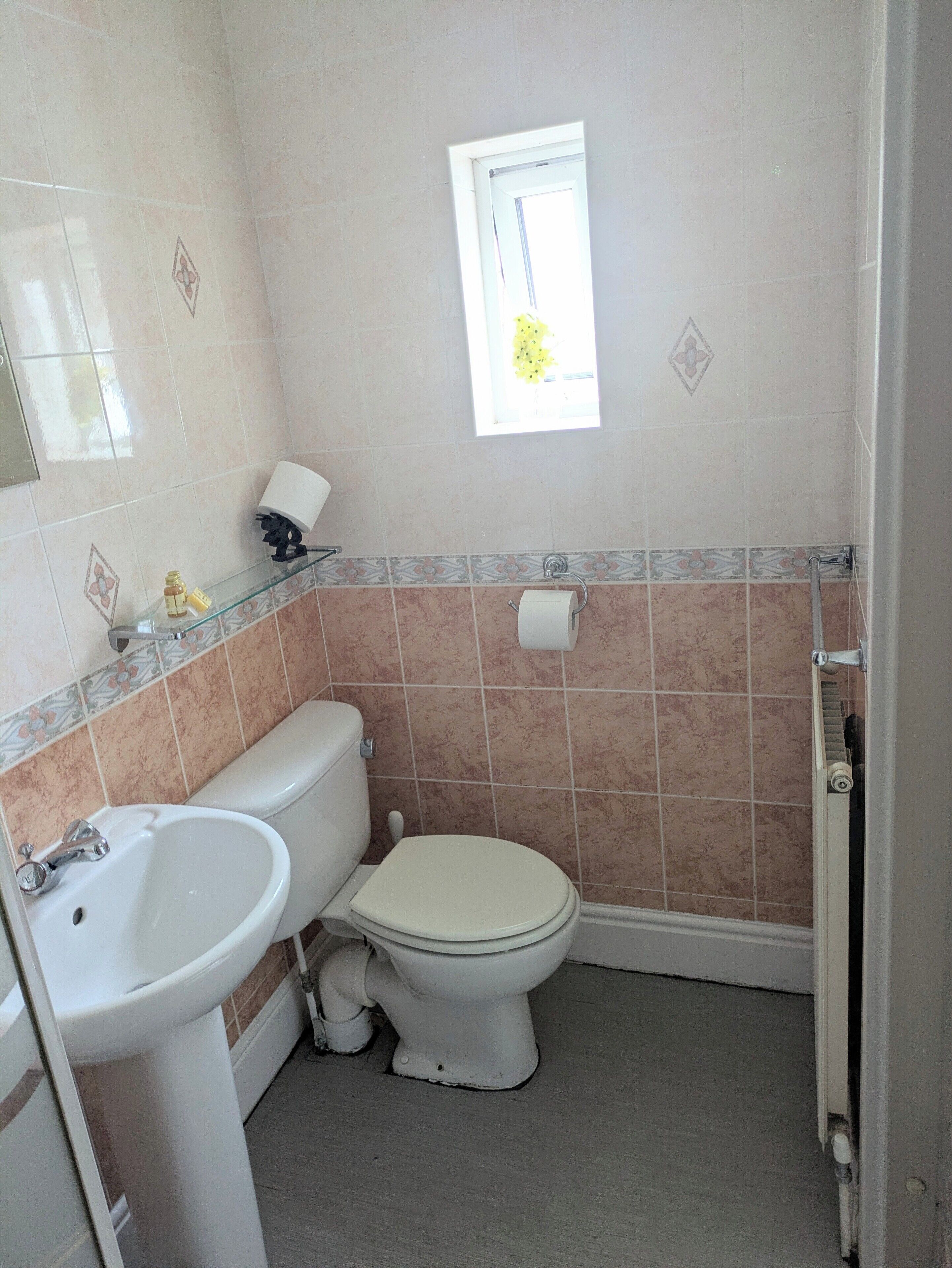 A bathroom with a toilet, sink, and a window.