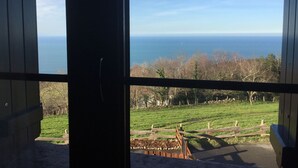 A view from inside a building through a window, overlooking a grassy area with a wooden fence and trees. - Maddiola Apart 6, Orio (Orio)