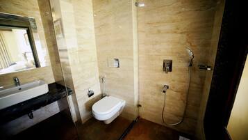 Shower, free toiletries, slippers, towels