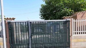 A gated area with a metal fence and a gate, a brick wall, and a tree in the background.