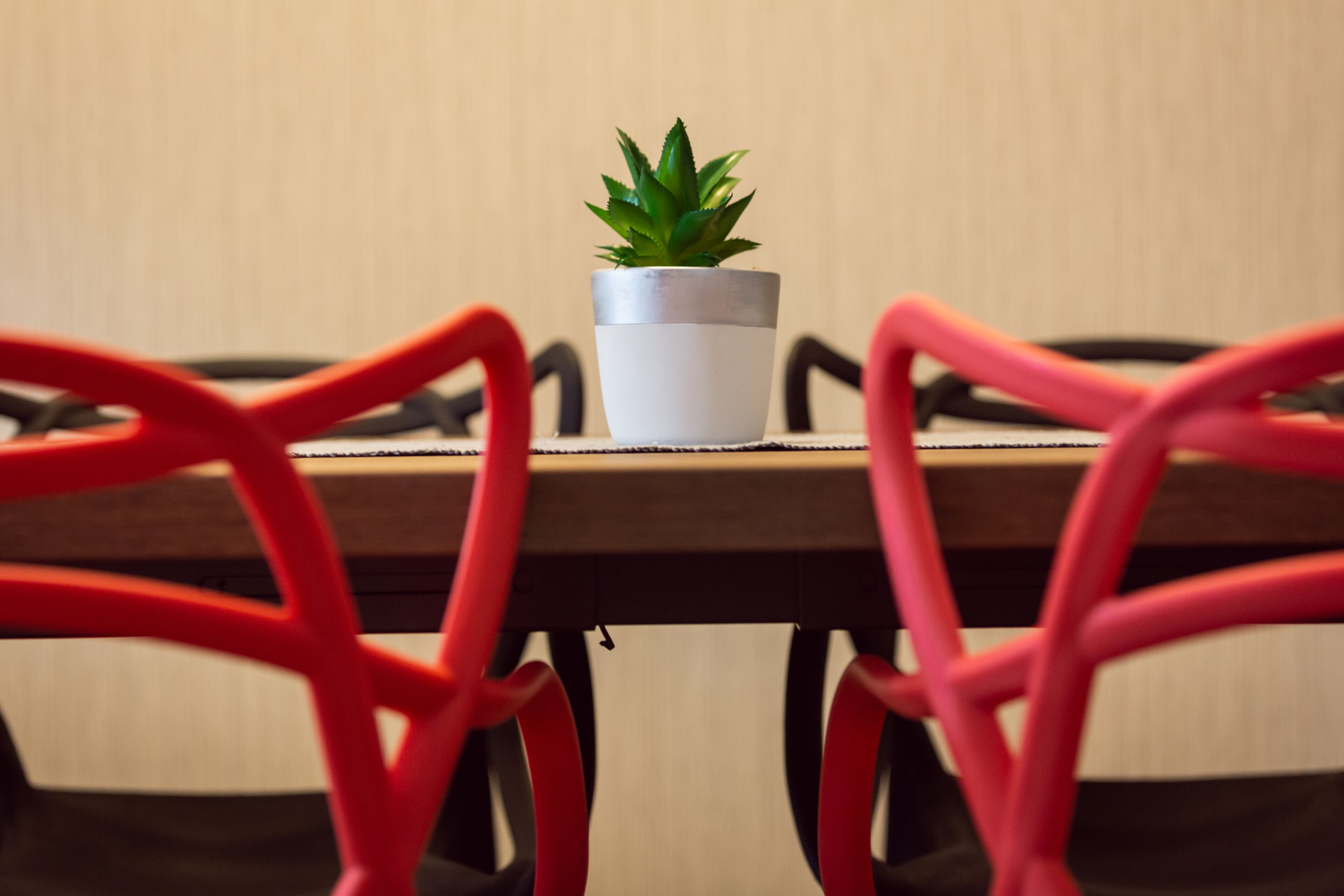 Uma mesa de jantar com um vaso de planta no centro, rodeada por cadeiras vermelhas.